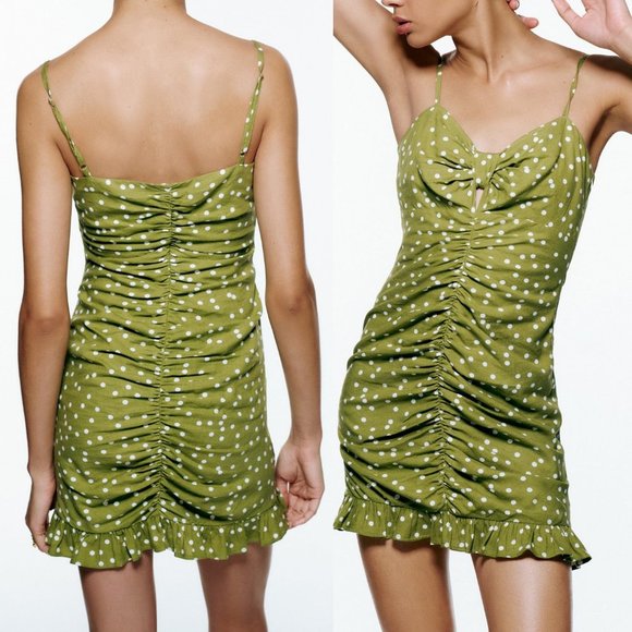 NEW Zara Linen Blend Bow Knot Cutout Polka Dot Draped Ruched Ruffle Mini Dress L - Picture 6 of 10